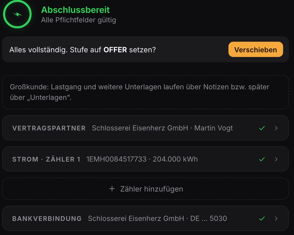 Abschlussdaten: 6 von 13 Angaben, Zähler, Bankverbindung, Auftragsbogen kopieren